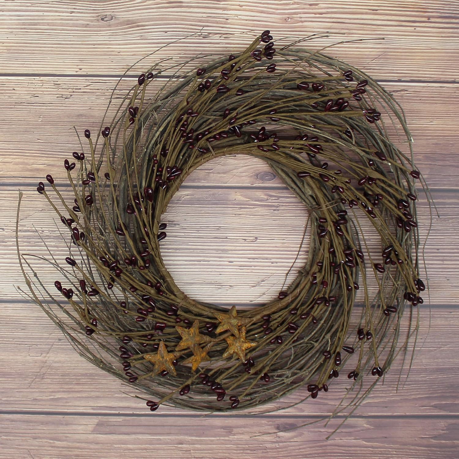 Primitives Rustic Wreath with Barn Stars and Berries 12 Inch Burgundy