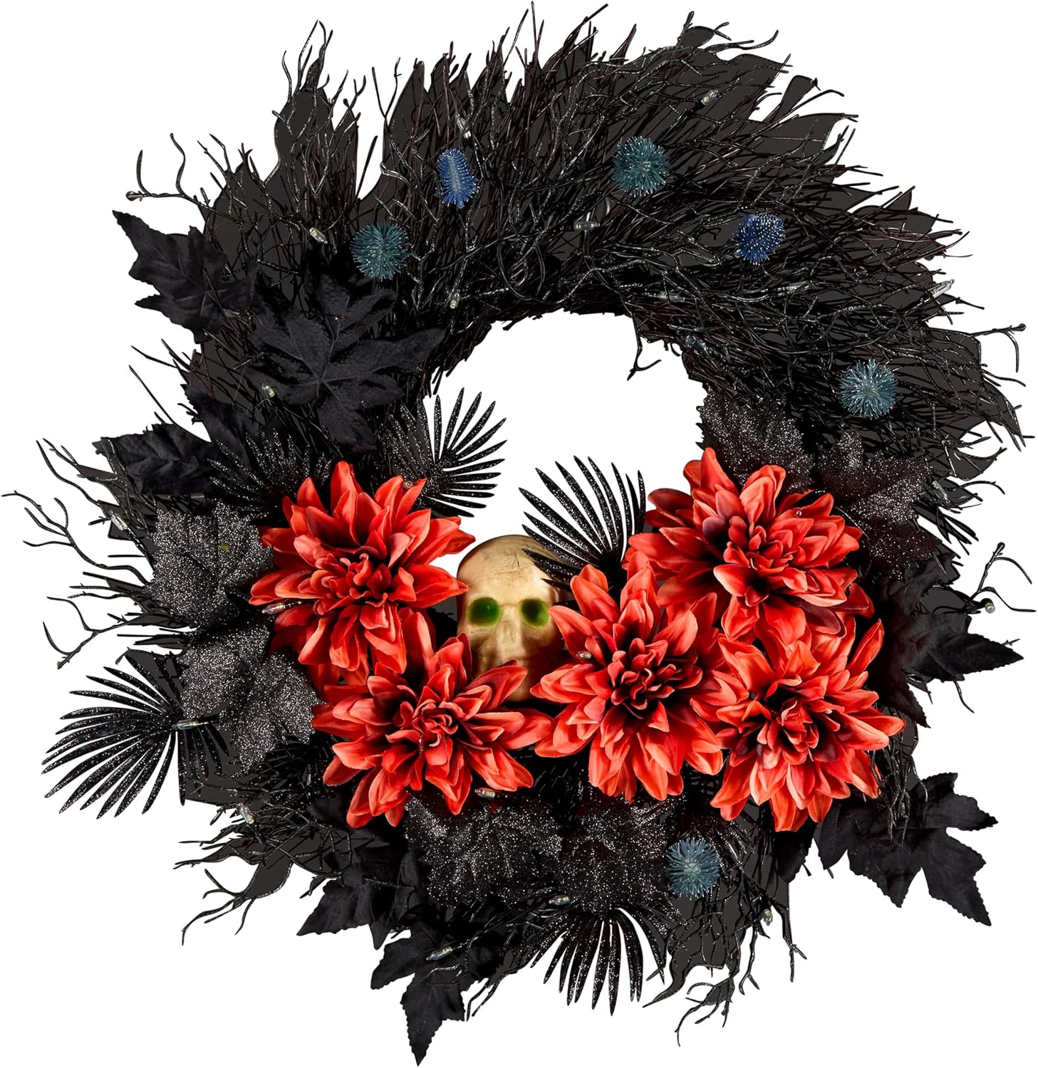 National Tree Company 24 Inch Artificial Halloween Wreath with Orange Florals and White Skull