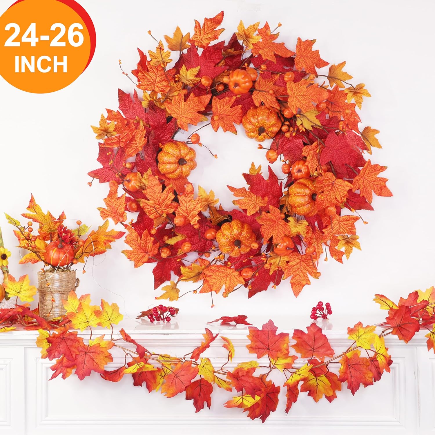 26 Inch Foldable Fall Wreath with Timer Lights