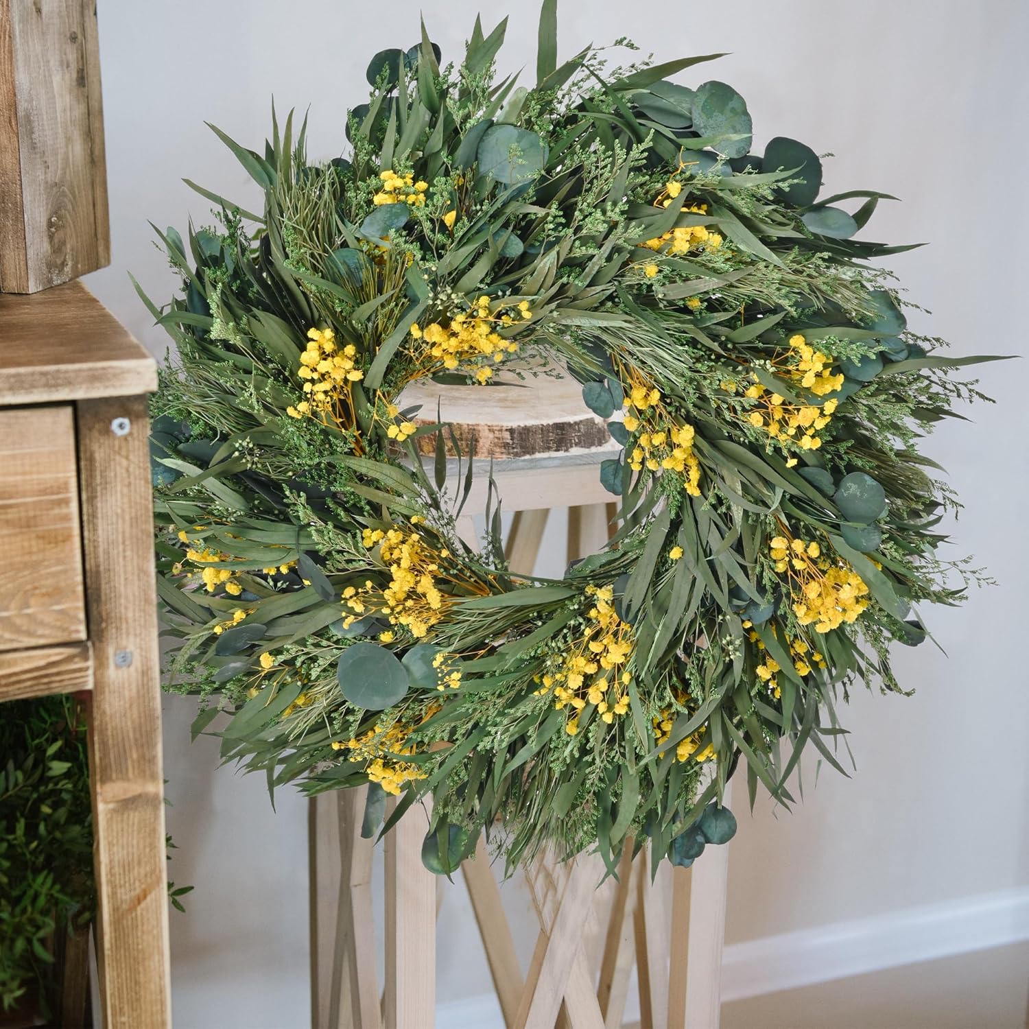 24 Inch Dried Flower Wreath with Yellow Babys Breath and Eucalyptus for Front Door