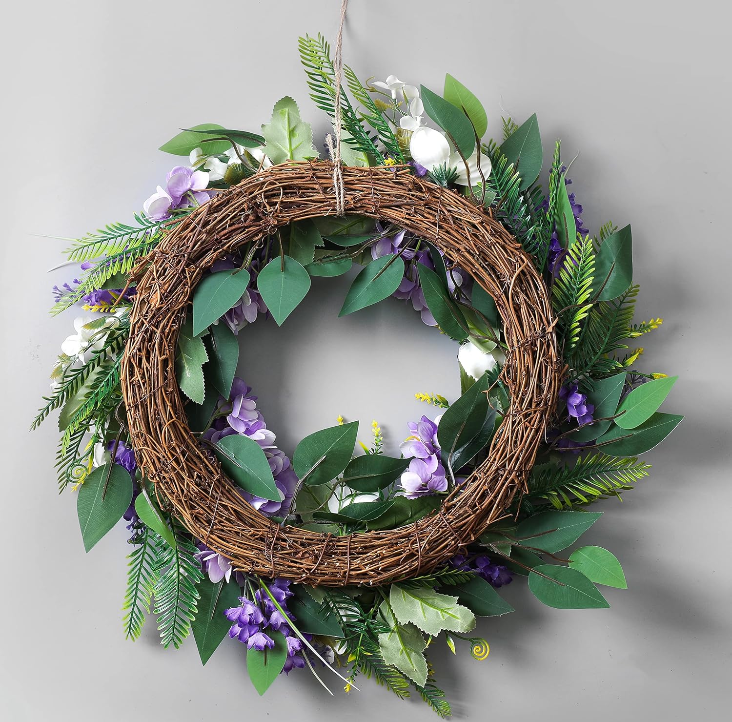 Purple Hydrangea Summer Wreath 18 Inch Grapevine Base for Front Door