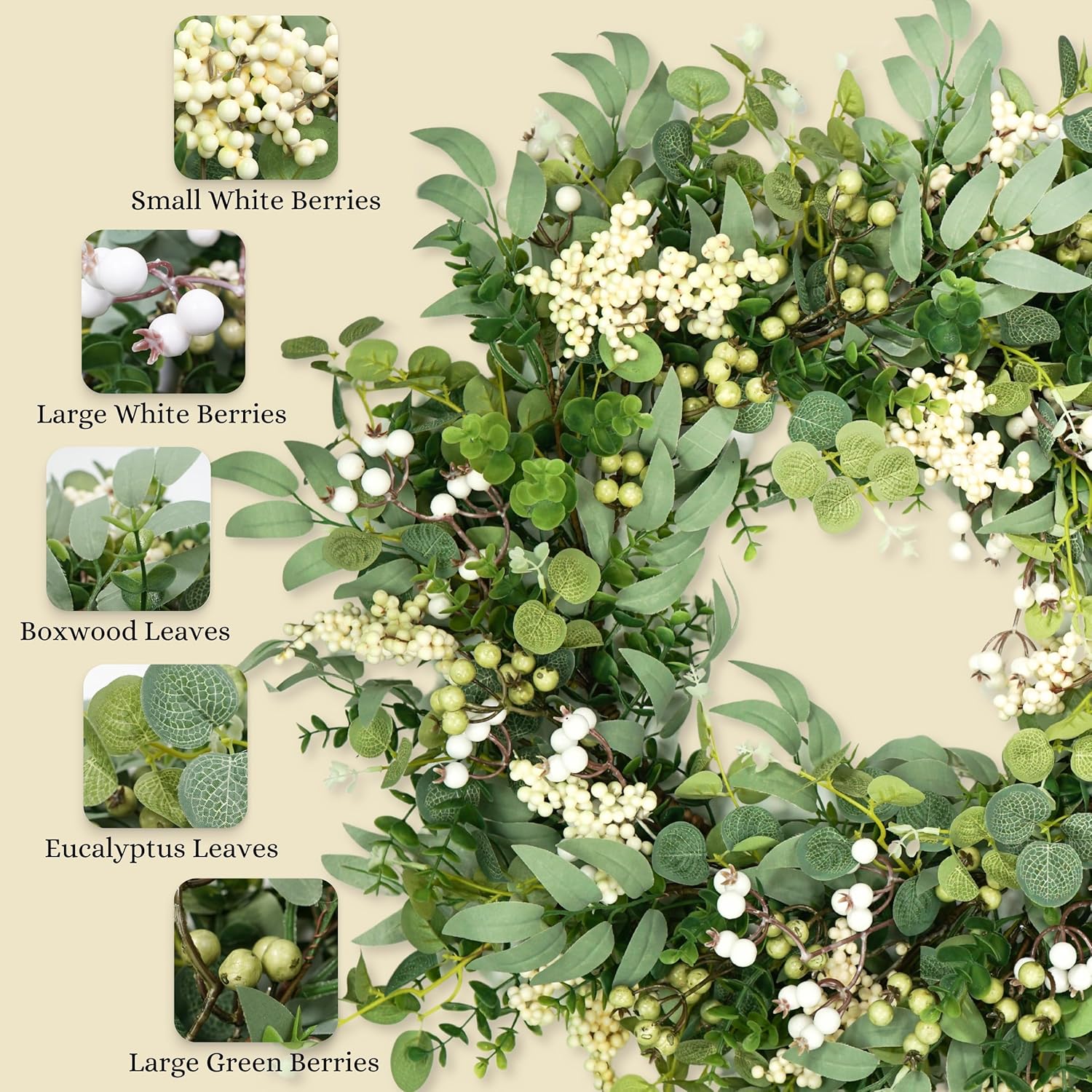 Artificial Eucalyptus Wreath with Berries 24 Inches Reversible Sign