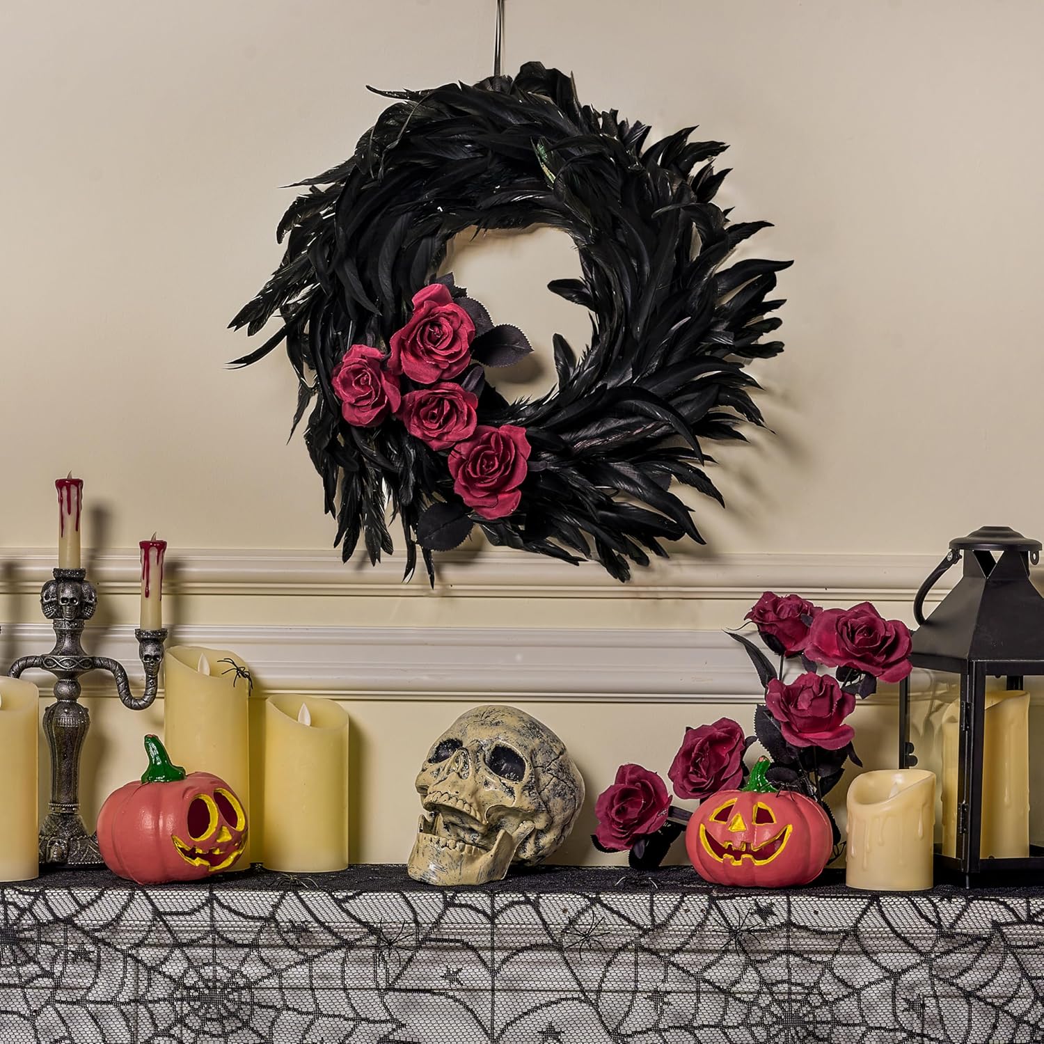 JOYIN 135 Inch Black Natural Feather Wreath for Halloween Decorations