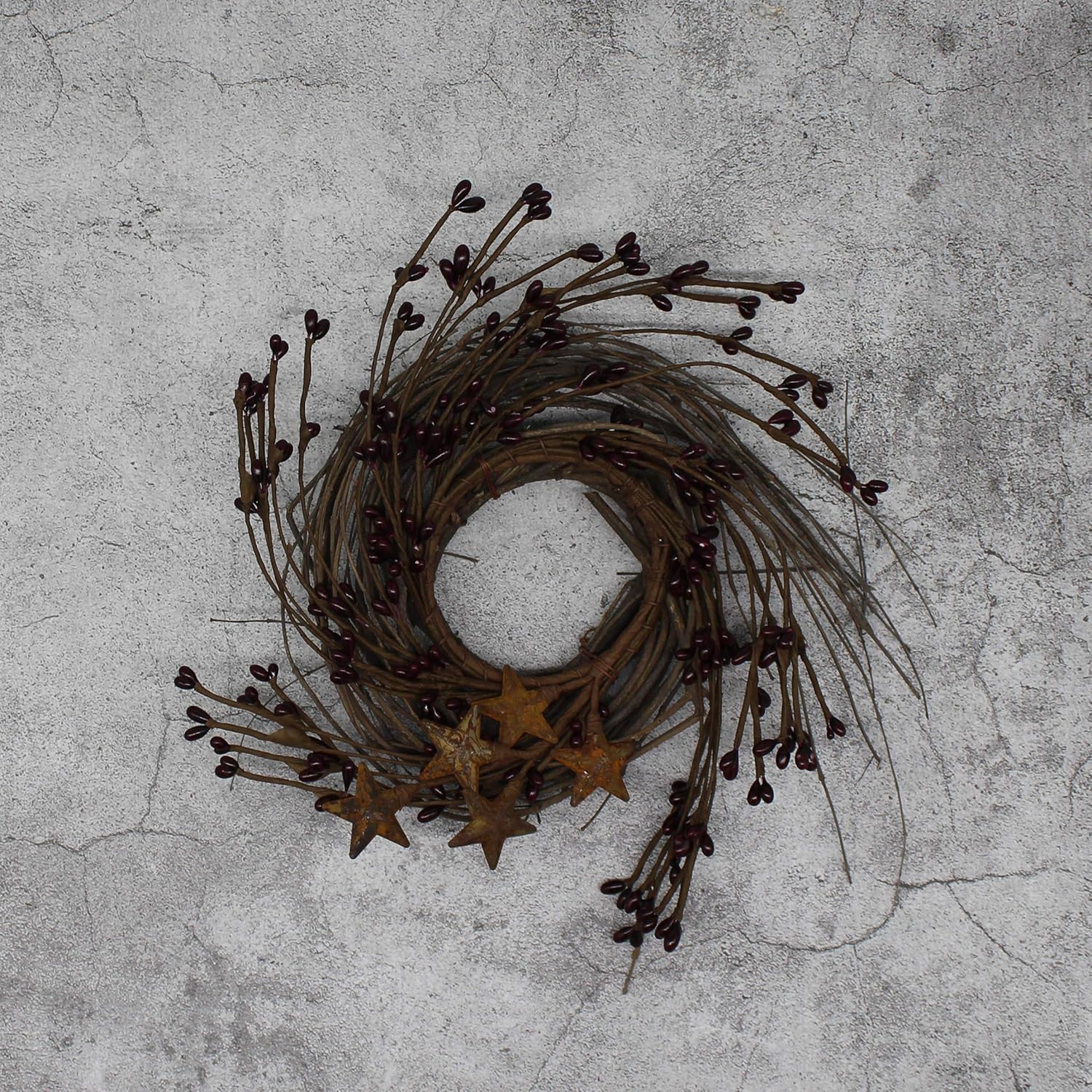 Rustic Wreath with Barn Stars and Berries 7-Inch Burgundy