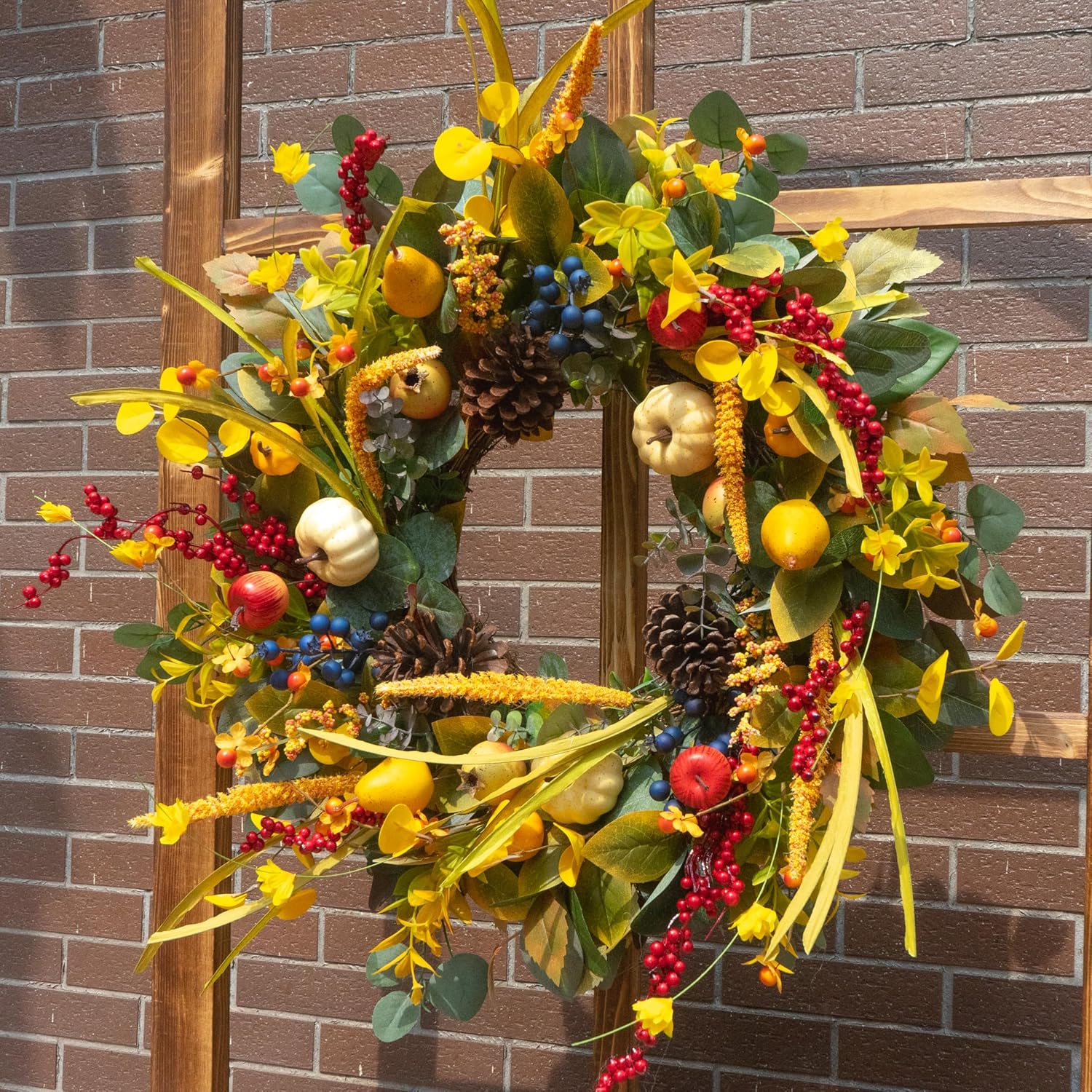 24 Inch Fall Wreath with Yellow White Pumpkins Red Berries Eucalyptus Pinecones