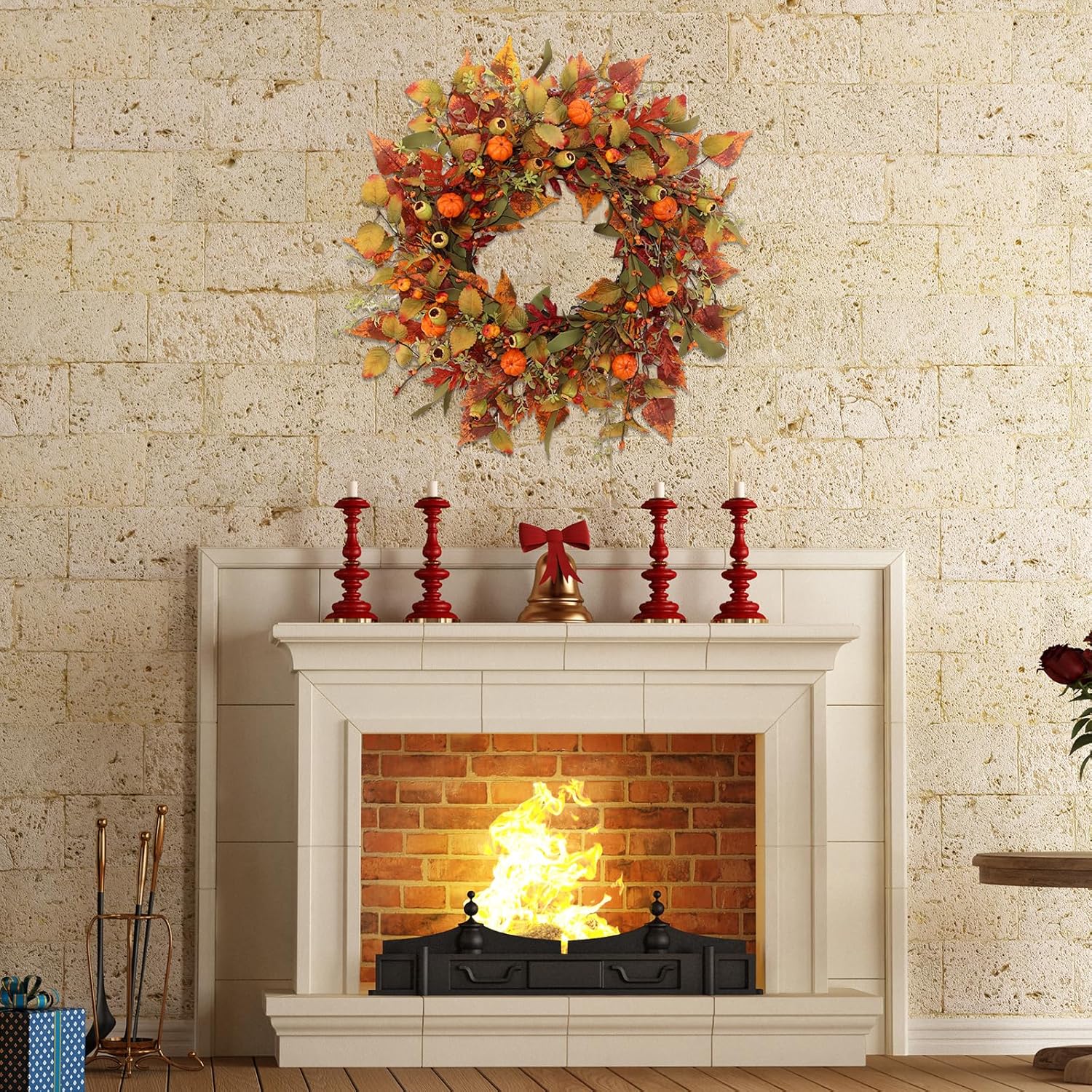22 Inch Artificial Fall Wreath with Pumpkin and Maple Leaves