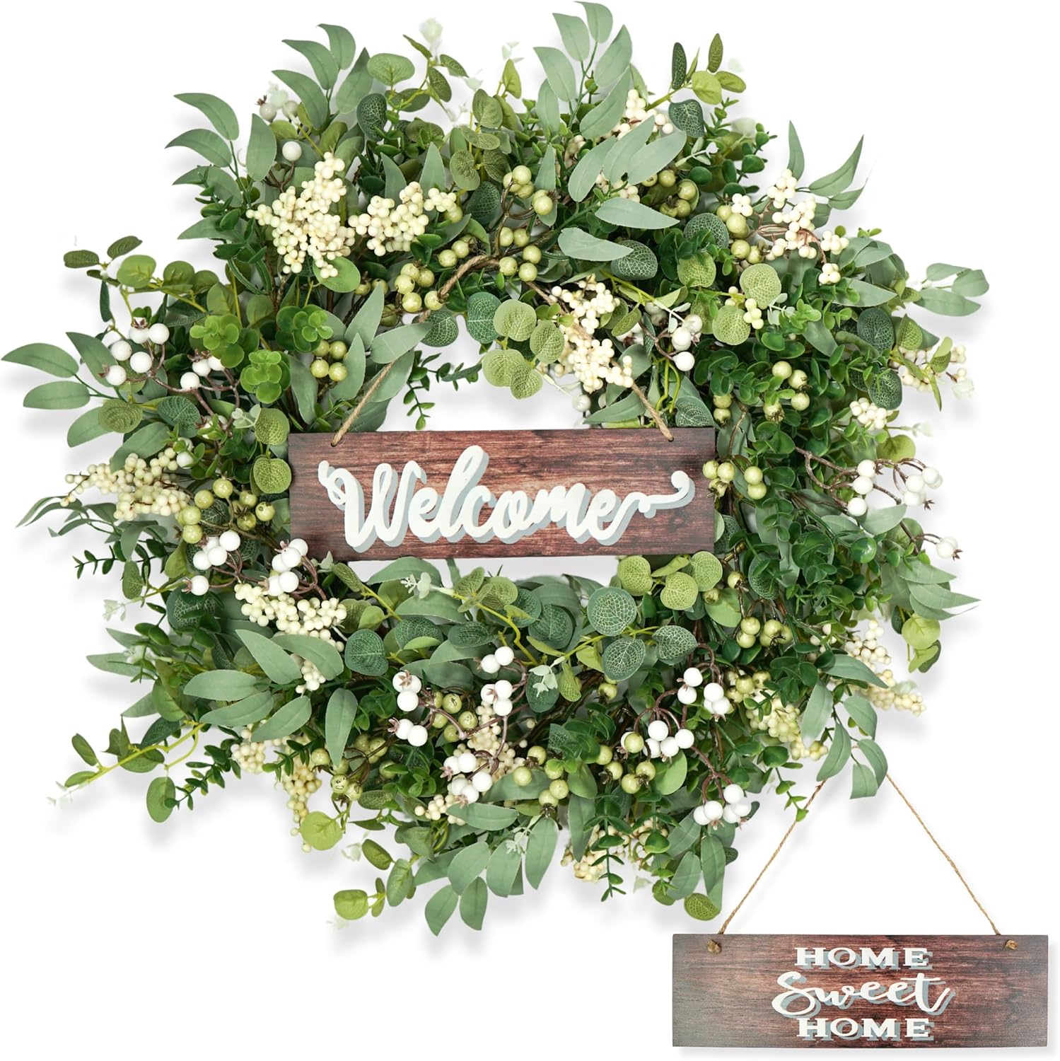 Artificial Eucalyptus Wreath with Berries 24 Inches Reversible Sign