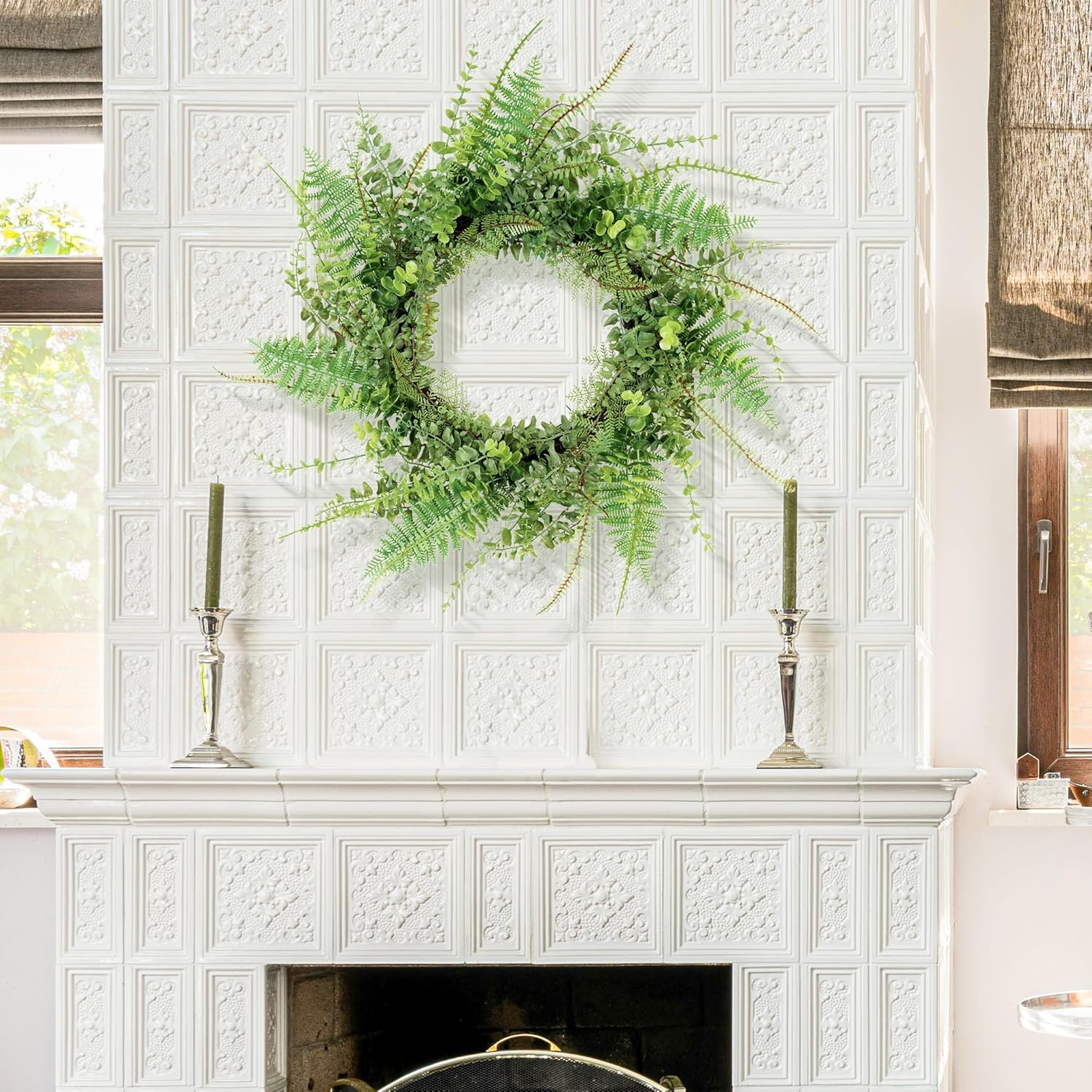 26 Inch Handmade Green Fern Wreath for Front Door Decoration