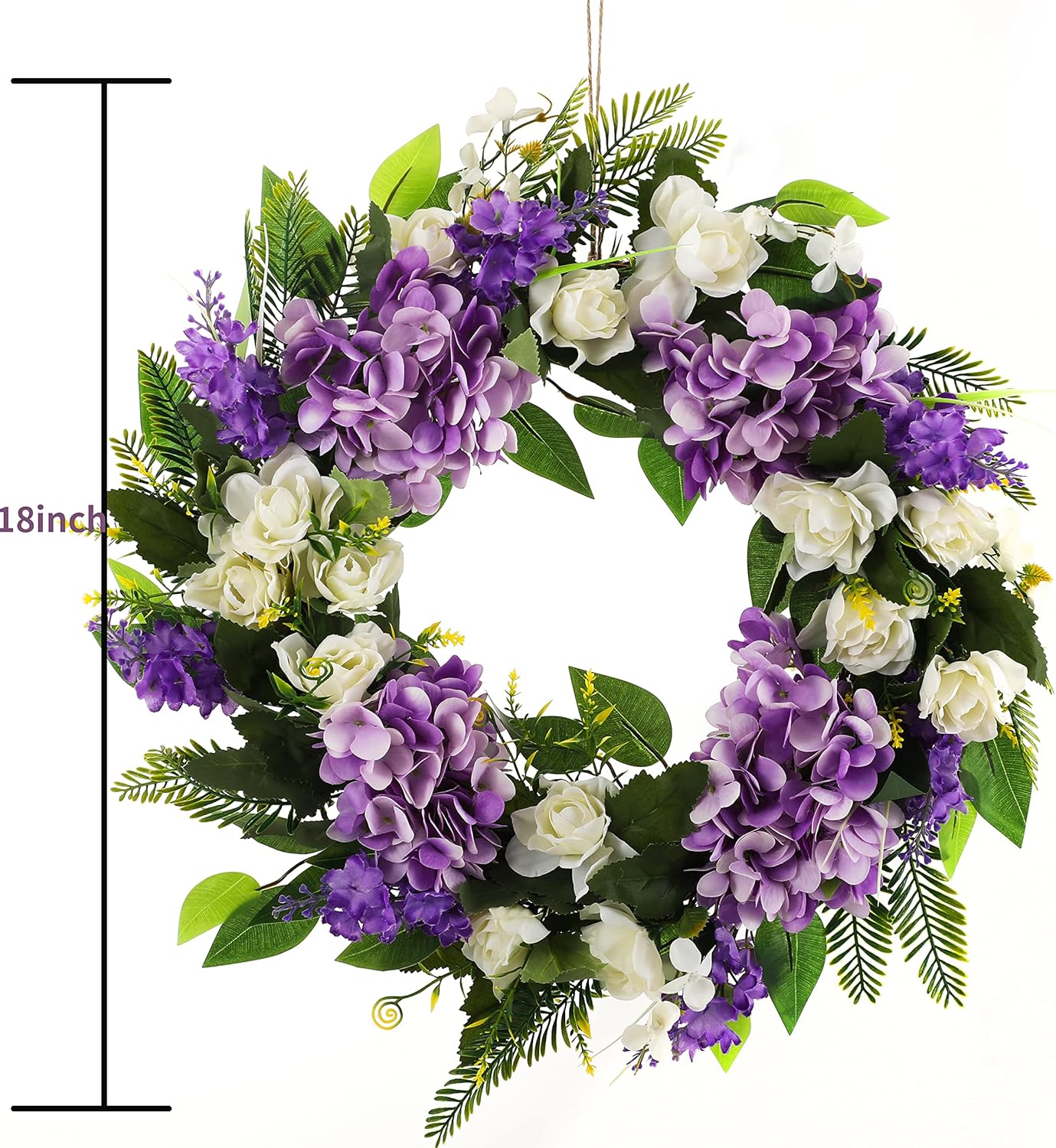 Purple Hydrangea Summer Wreath 18 Inch Grapevine Base for Front Door