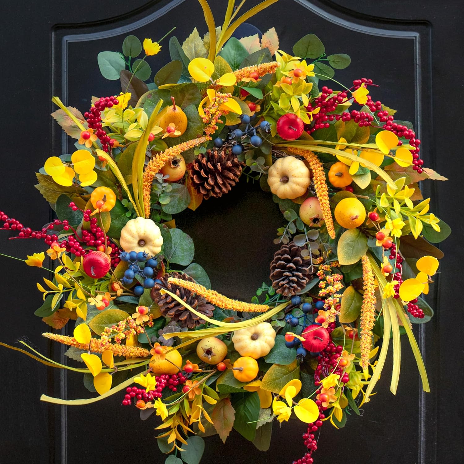 24 Inch Fall Wreath with Yellow White Pumpkins Red Berries Eucalyptus Pinecones
