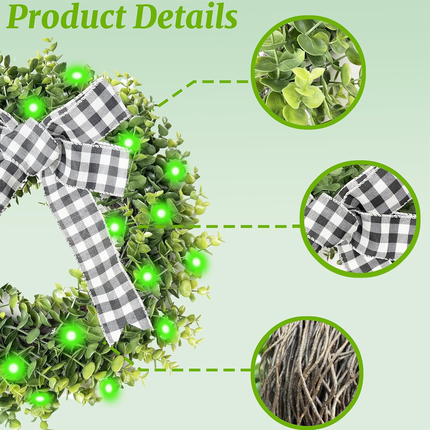 Yinfidee 18 Inch Artificial Green Boxwood Wreath with Buffalo Plaid Bow and LED Lights