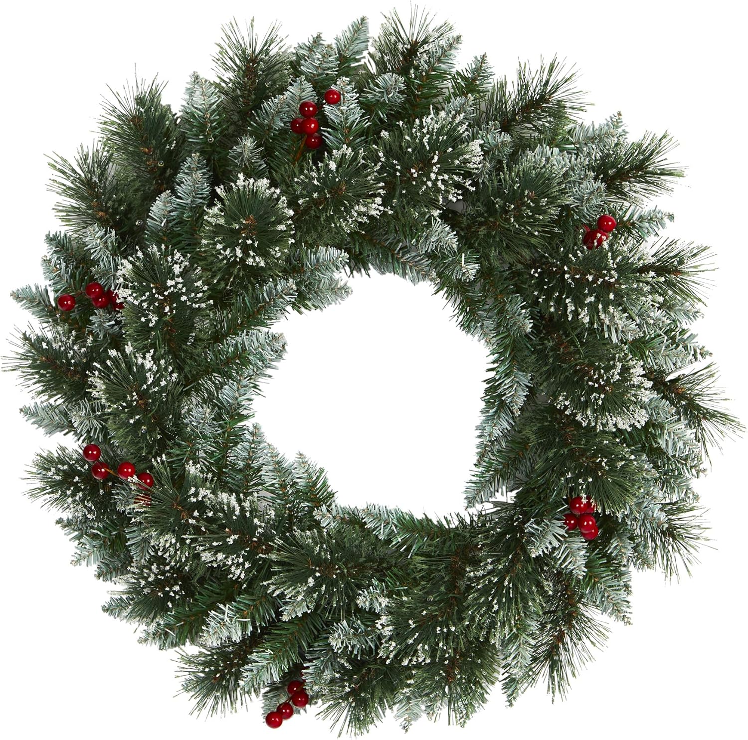 Nearly Natural 24in Frosted Swiss Pine Artificial Wreath with LED Lights and Berries