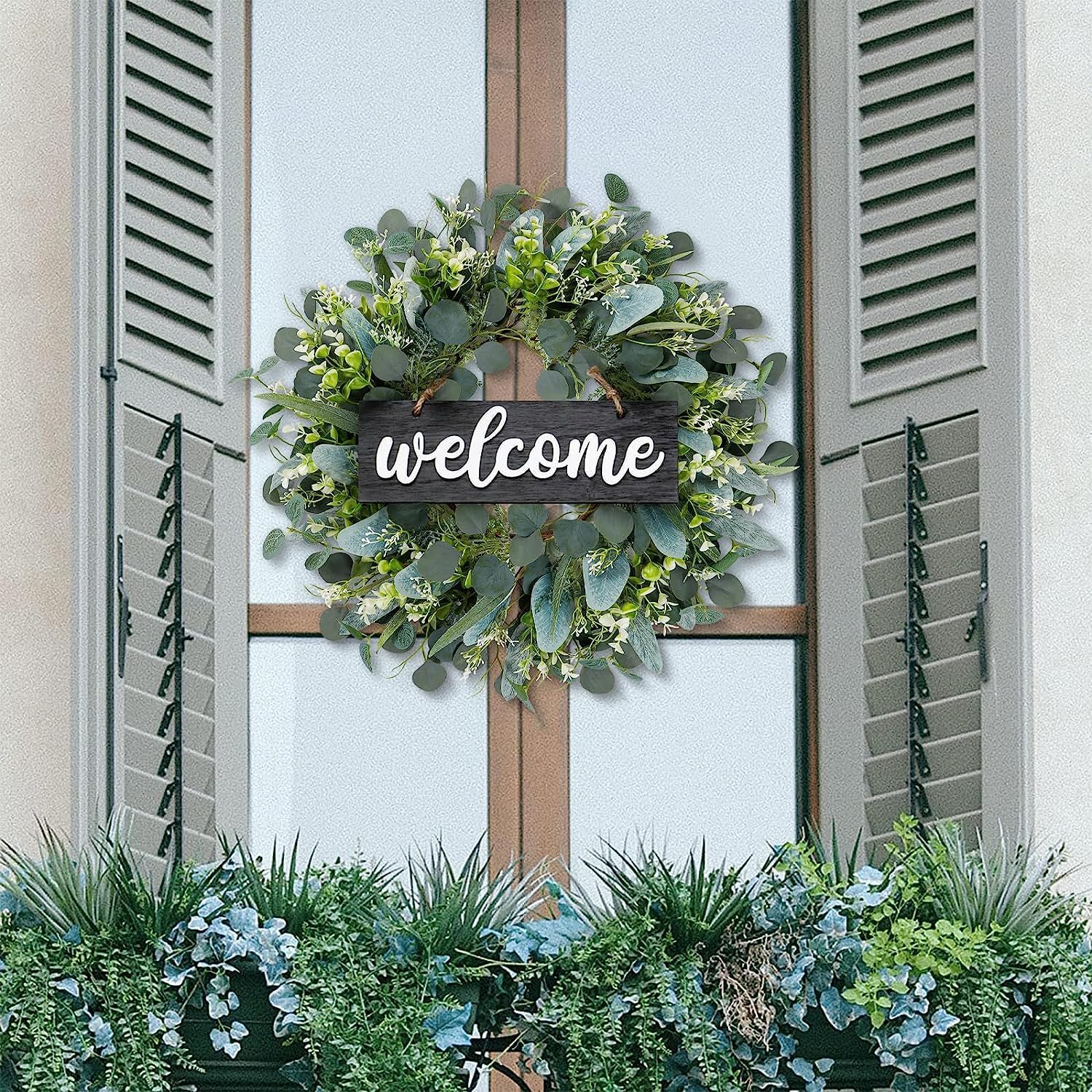 Dremisland Green Eucalyptus Wreath with Welcome Sign 22in Decor