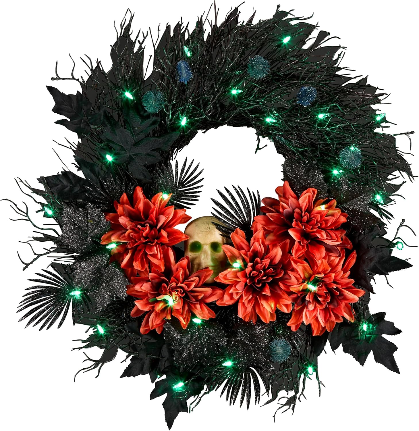 National Tree Company 24 Inch Artificial Halloween Wreath with Orange Florals and White Skull