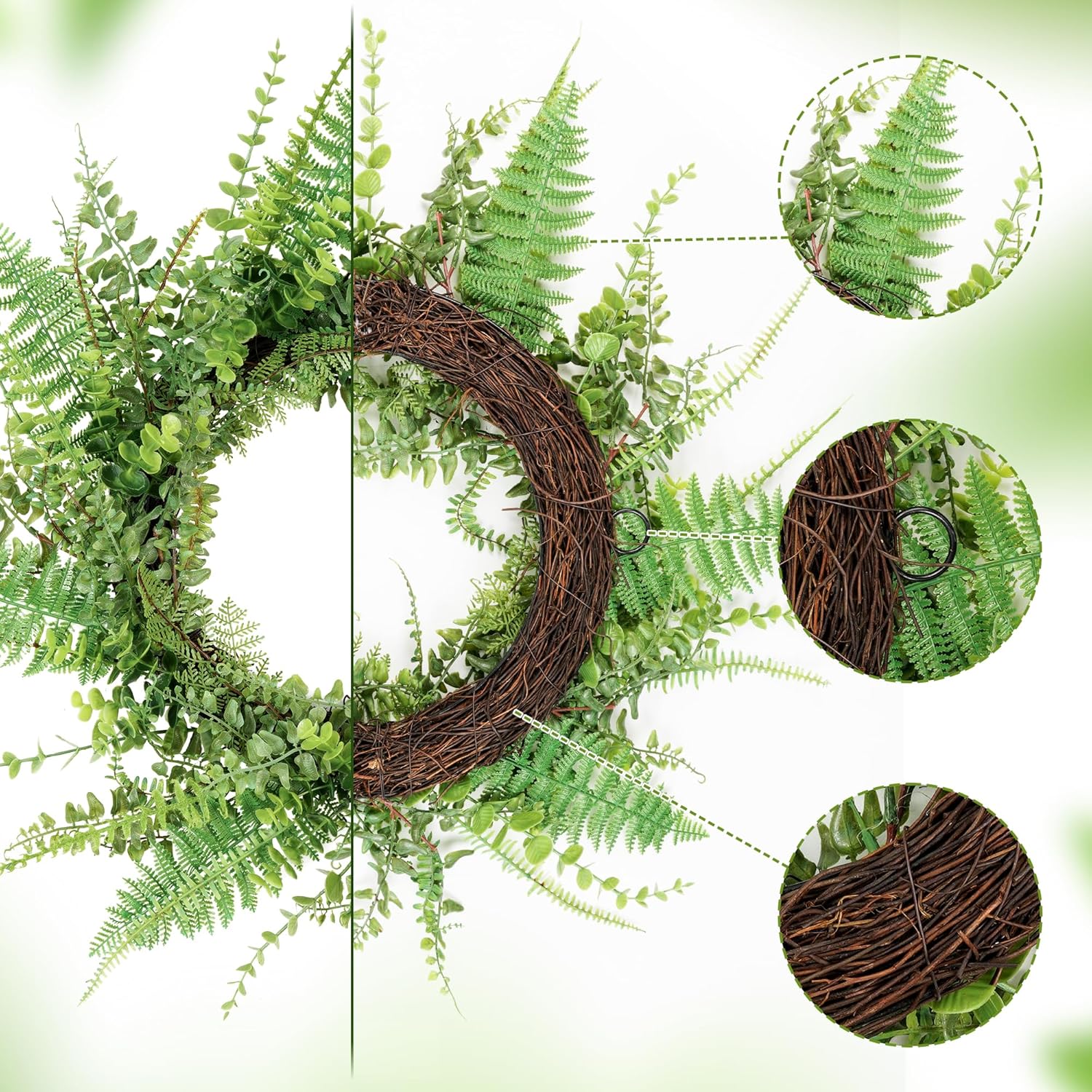 26 Inch Handmade Green Fern Wreath for Front Door Decoration