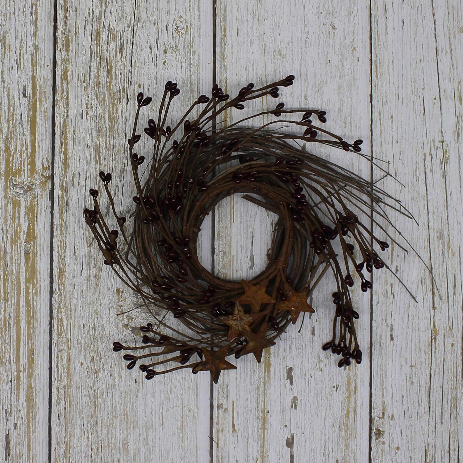 Rustic Wreath with Barn Stars and Berries 7-Inch Burgundy