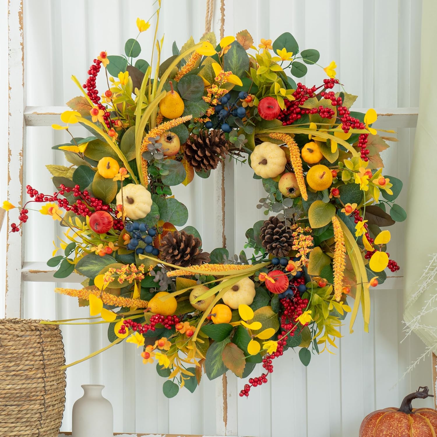 24 Inch Fall Wreath with Yellow White Pumpkins Red Berries Eucalyptus Pinecones