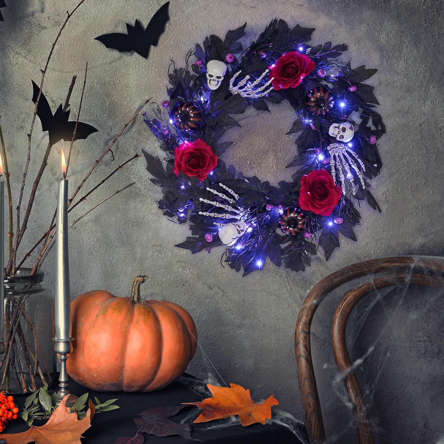 GENMOUS Halloween 22Inch Rose Wreath with Lights