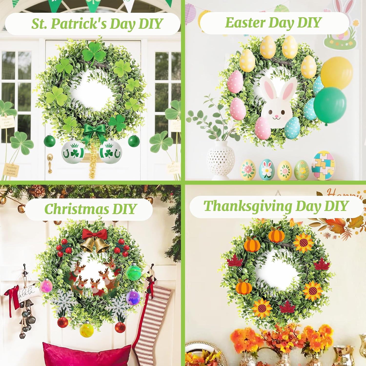 Yinfidee 18 Inch Artificial Green Boxwood Wreath with Buffalo Plaid Bow and LED Lights