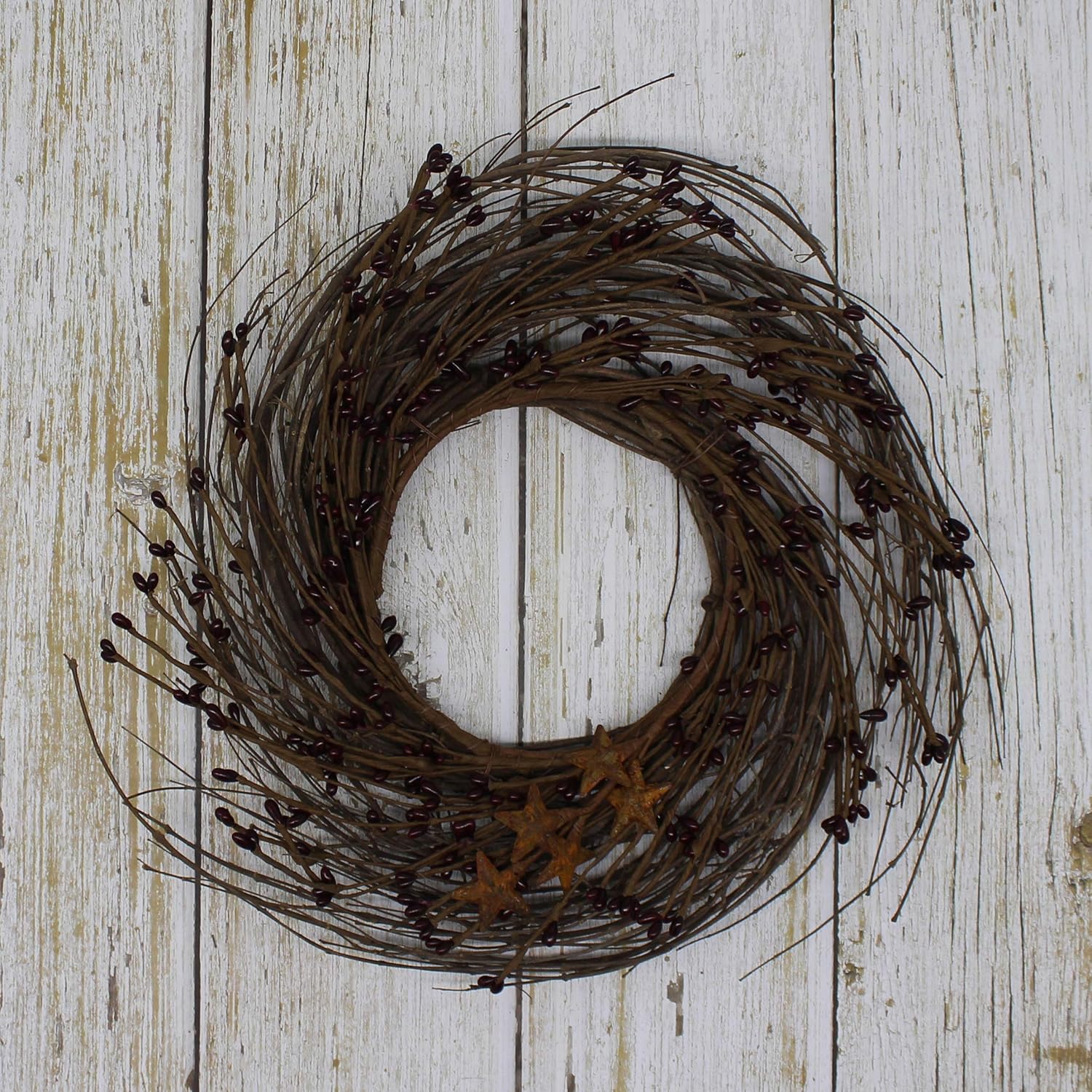 Primitives Rustic Wreath with Barn Stars and Berries 12 Inch Burgundy