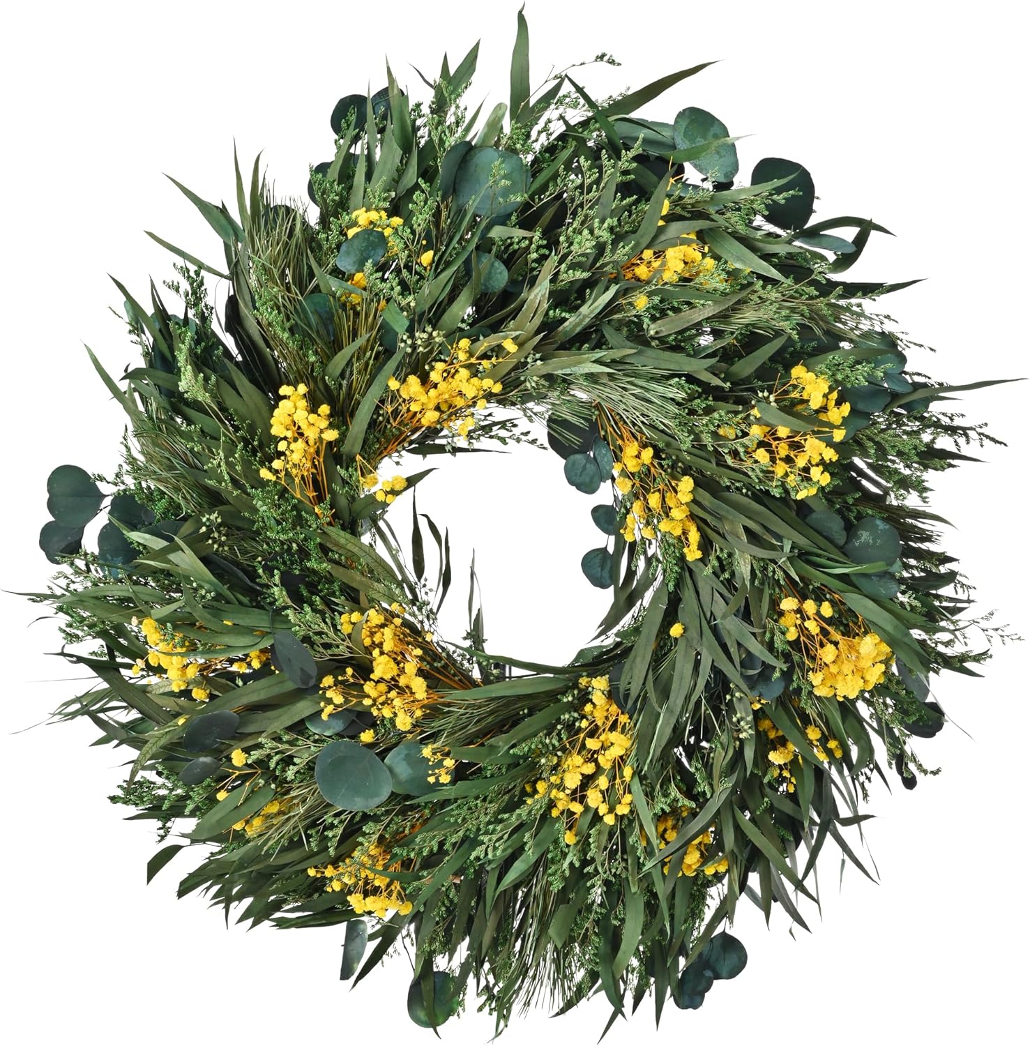 24 Inch Dried Flower Wreath with Yellow Babys Breath and Eucalyptus for Front Door