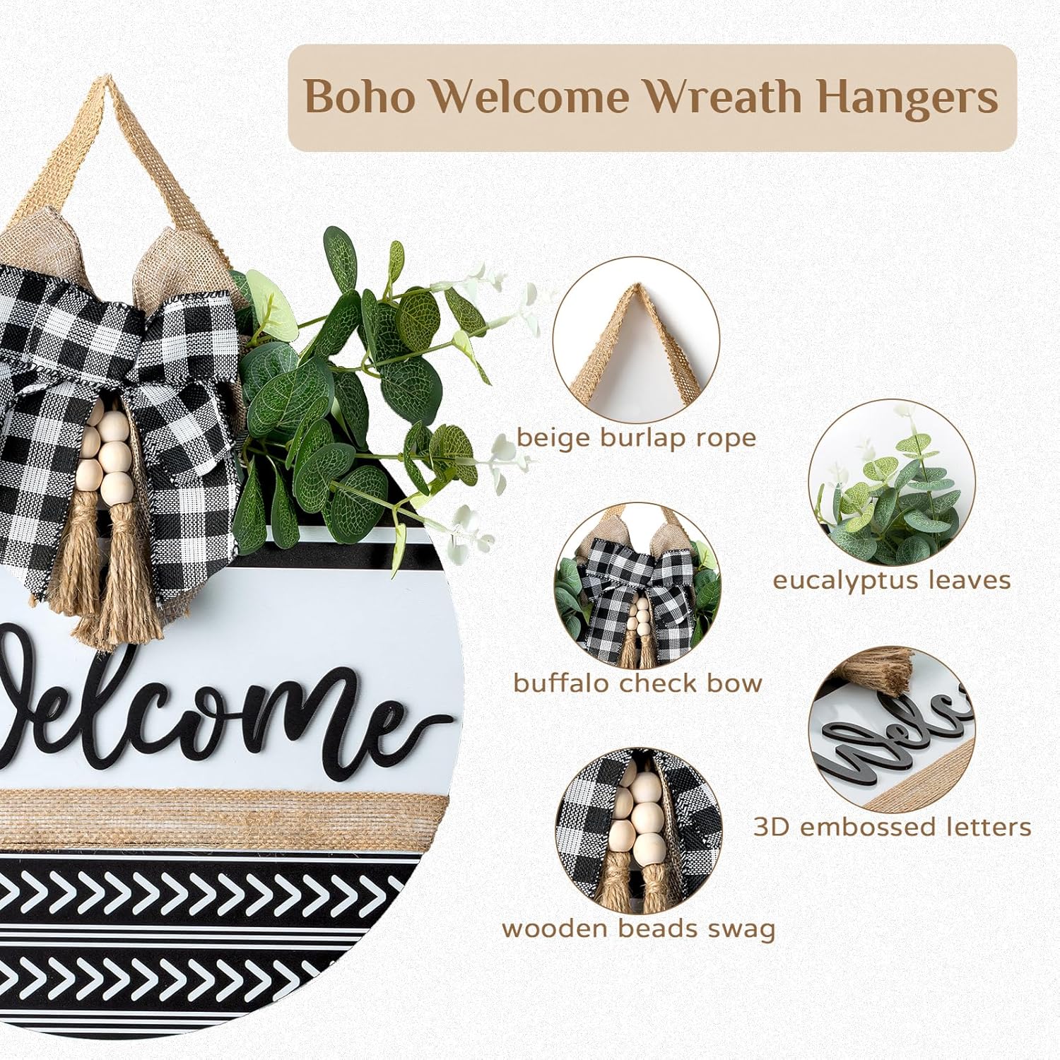 Welcome Sign for Front Door Decor - Walasis 12inch Wooden Farmhouse Wreath with Bow Beads