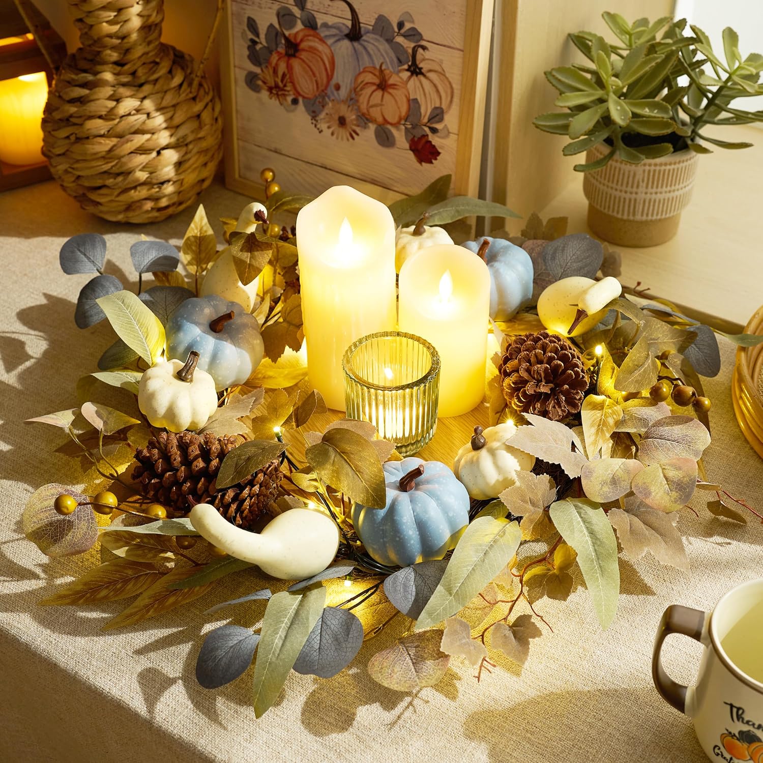 DECOR BY HANNAH 22 Inch Fall Wreath with Blue Pumpkin and Pinecone