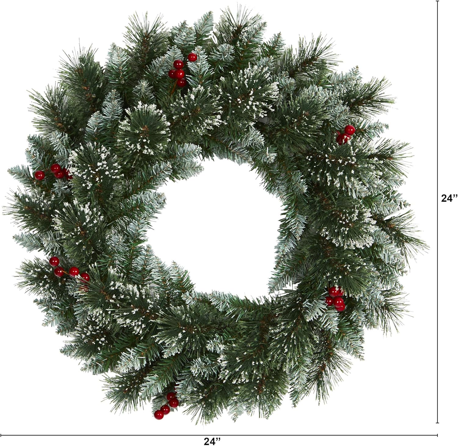 Nearly Natural 24in Frosted Swiss Pine Artificial Wreath with LED Lights and Berries