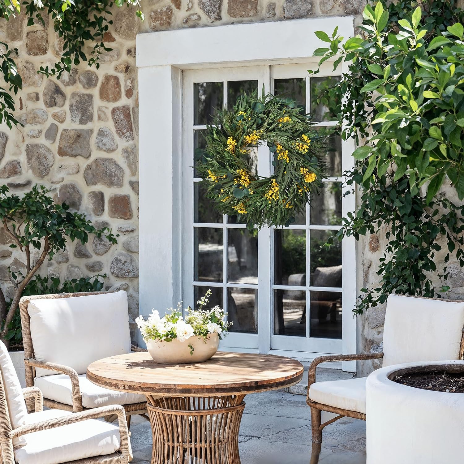 24 Inch Dried Flower Wreath with Yellow Babys Breath and Eucalyptus for Front Door