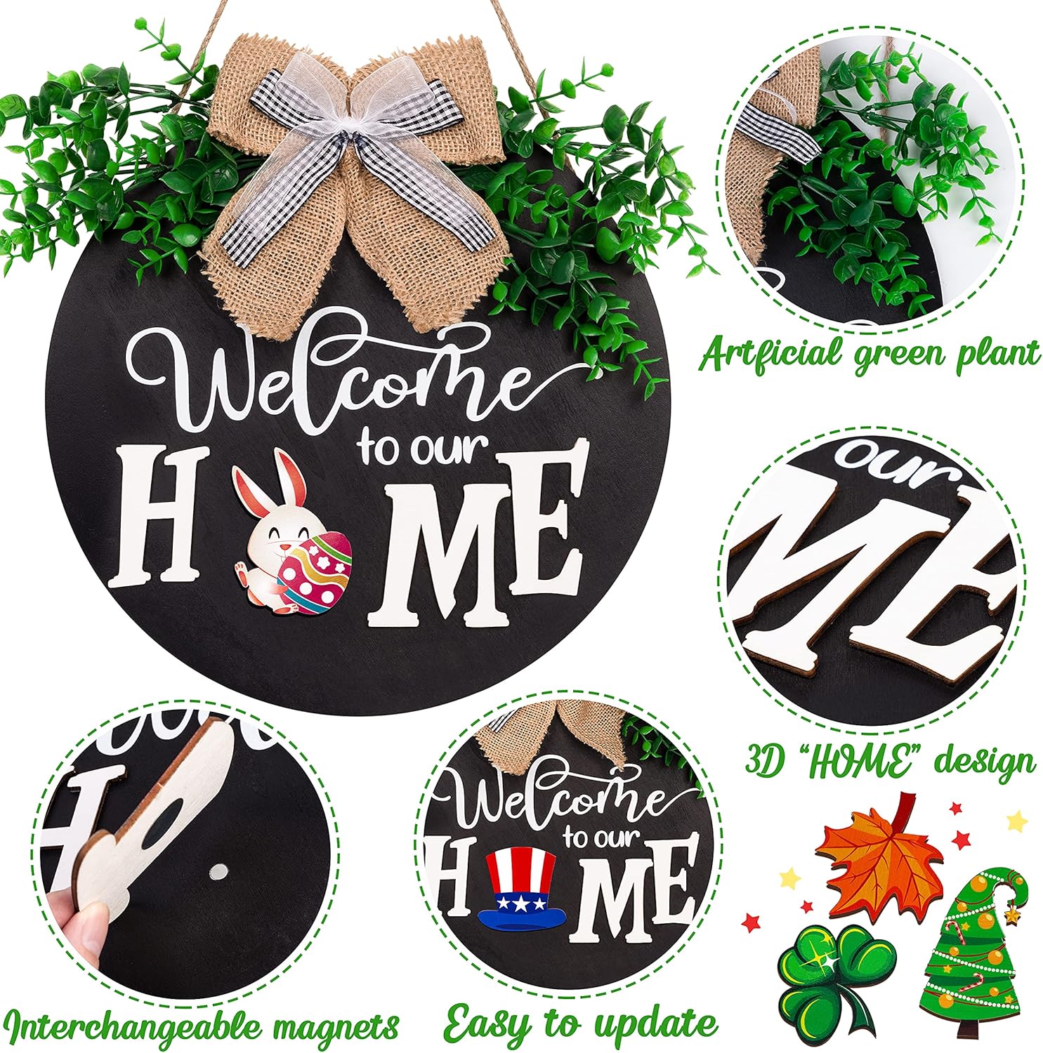 Interchangeable Seasonal Welcome Sign Front Door Decor - Home Porch Display Decorations