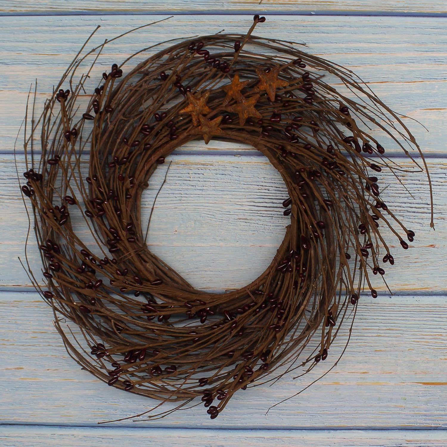 Primitives Rustic Wreath with Barn Stars and Berries 12 Inch Burgundy