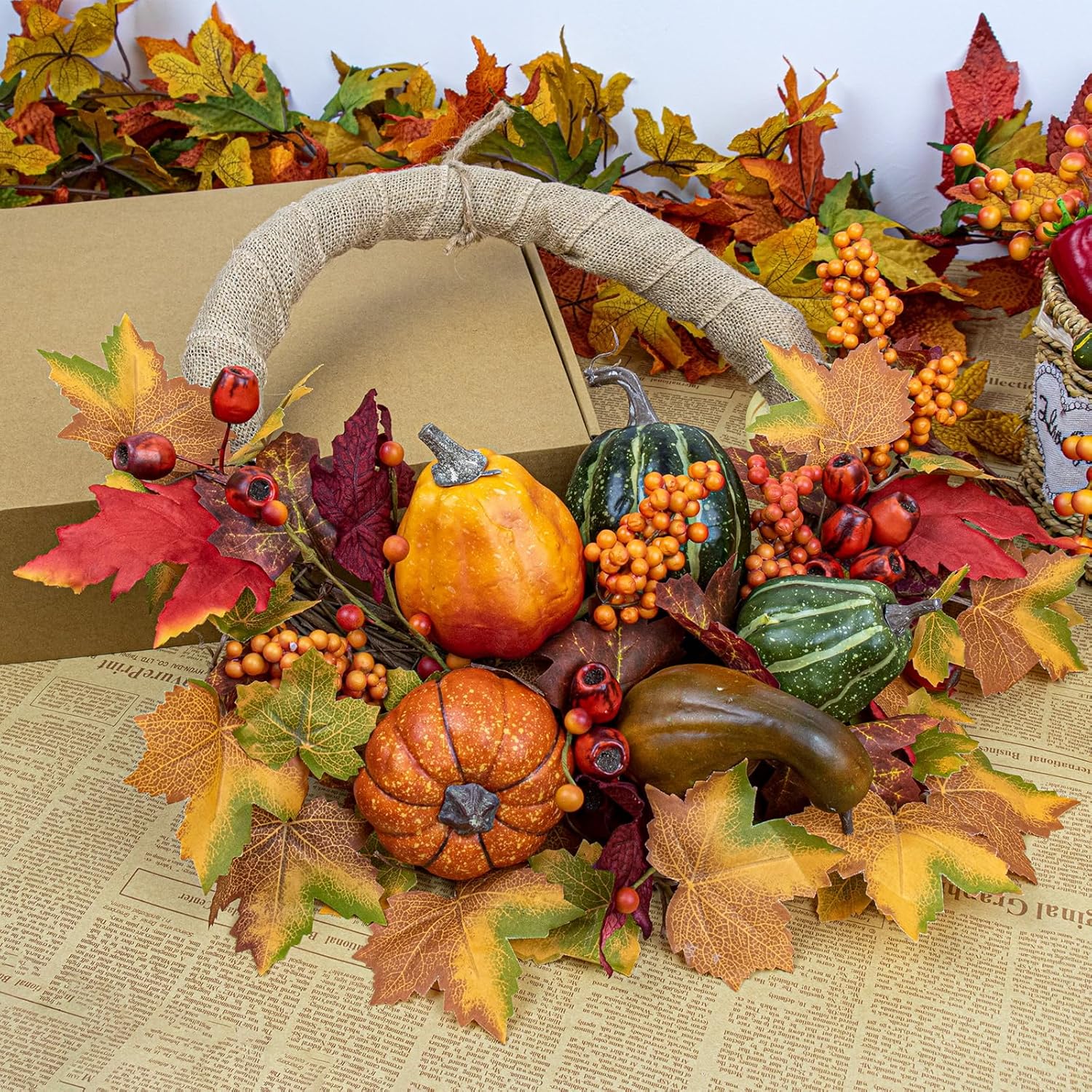 LLZLL Fall Wreath 20 Inch Artificial Thanksgiving Wreath with Pumpkins Berries and Leaves for Front Door