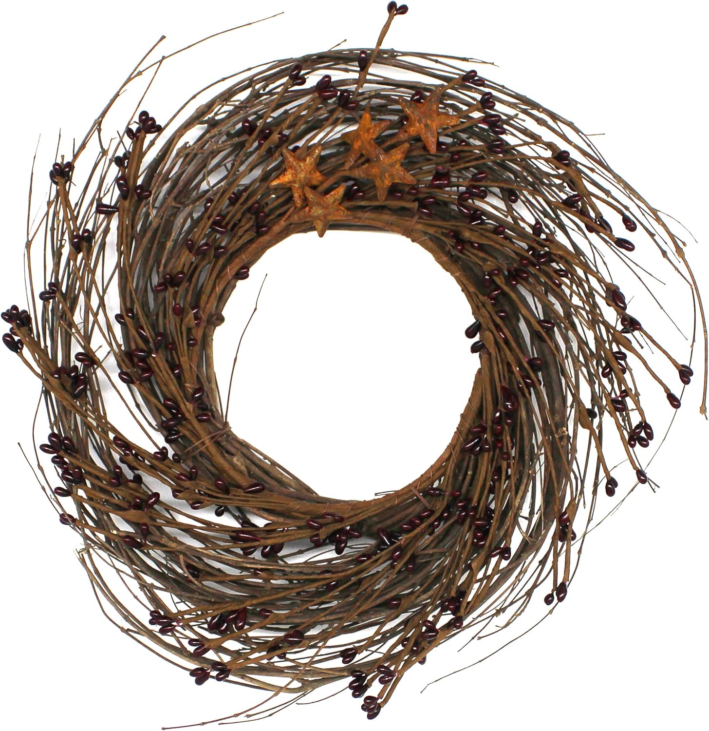 Primitives Rustic Wreath with Barn Stars and Berries 12 Inch Burgundy