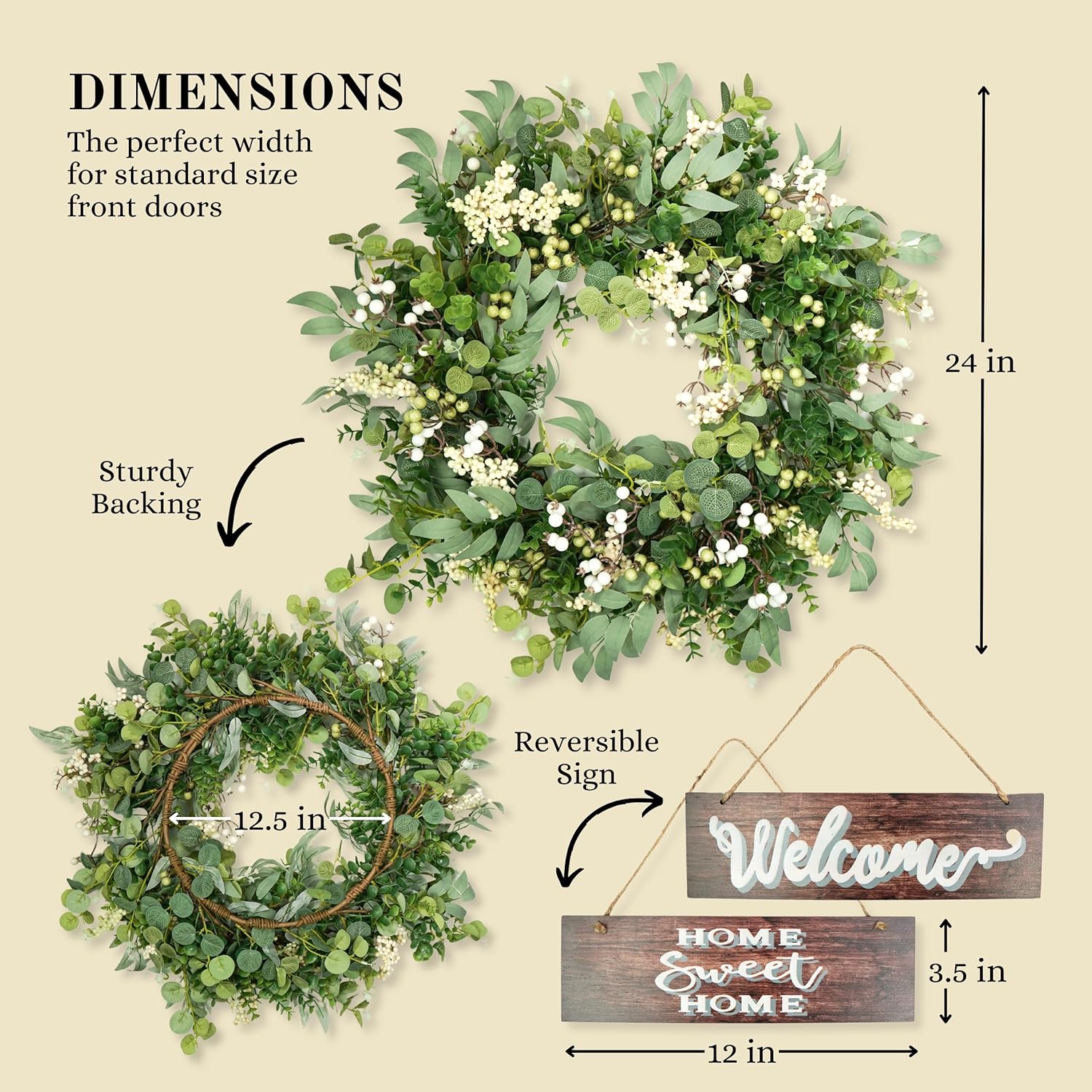 Artificial Eucalyptus Wreath with Berries 24 Inches Reversible Sign