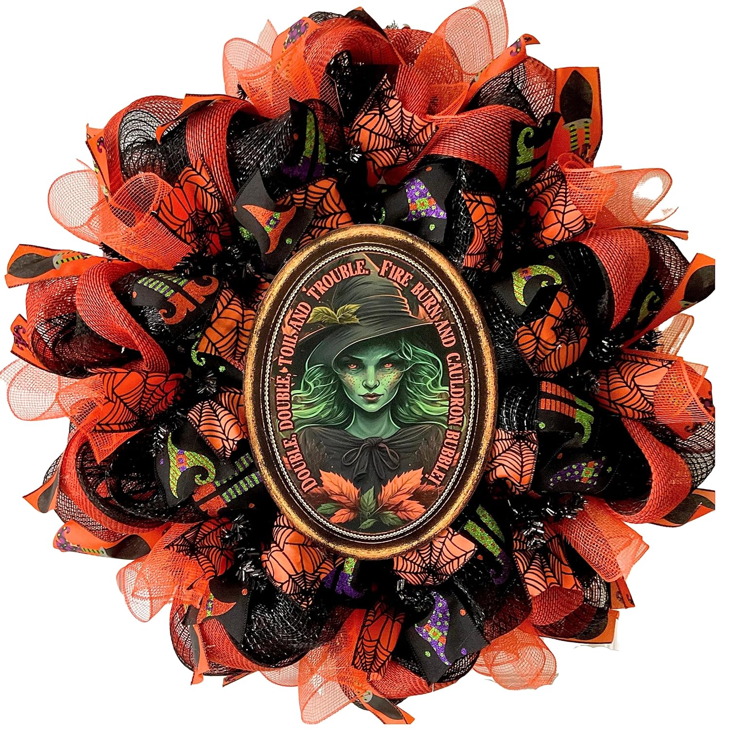 Double Double Toil and Trouble Witch Halloween Wreath 24 Inch